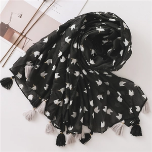 Lightweight black beach scarf with white unicorn prints and elegant fringe tassels