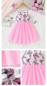Detail view of pink girls' tutu dress featuring butterfly prints and soft mesh layers