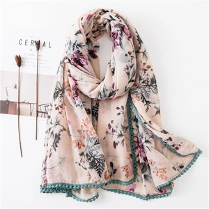Écharpe Longue Femme Sensation Coton Lin Polyester Imprimé Floral Flamant Châle Bordure Pompons Protection Solaire Plage