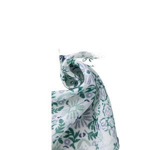 Elegant cotton linen scarf featuring blue floral print and fringe details for women