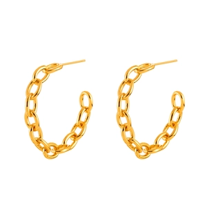 Polished gold chain-link C-shape stud earrings with minimalist industrial design