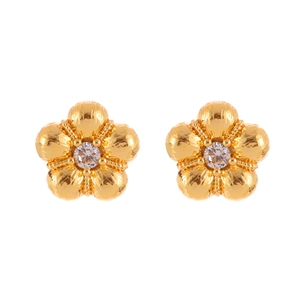 Elegant gold flower stud earrings with sparkling zircon center in a minimalist style