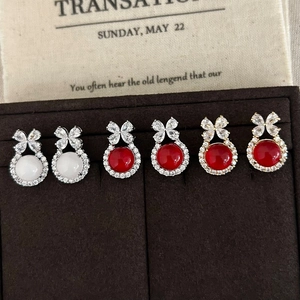 Bowknot Resin Round Stone Stud Earrings With 925 Sterling Silver Earring Post And Cubic Zirconia Light Luxury Elegant