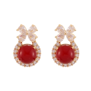 Elegant gold bow earrings with red resin gems and shimmering cubic zirconia crystals