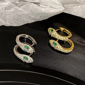 Boucles D'oreilles Créoles Serpent Cuivre Zircon Yeux Verts Bijoux Femmes Avec Tige En Argent 925 Sterling