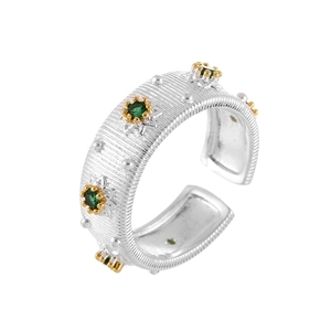 French style silver open ring with star-set green zircon and brushed texture finish