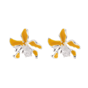 Elegante gelbe Emaille-Orchideen-Ohrstecker mit funkelnden Zirkonia-Kristallen in Tropfenform