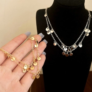 Layered Copper Necklace With Round Disc Sequin Pendants 18K Gold Plated Dainty Chain Minimalist Jewelry For Women