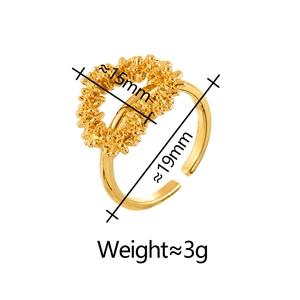 Irregular silver heart open ring in gold finish with granular texture and size details