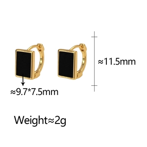 Elegant gold rectangular hoop earrings with black enamel inlay and 11.5mm drop height