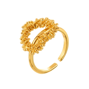 Minimalist golden open ring featuring a unique organic crushed silver texture and heart style