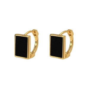 Elegant gold-plated geometric hoop earrings with black rectangular inlay accents