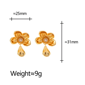 Elegant gold flower drop earrings with engraved petals and clear stones, 25mm wide design