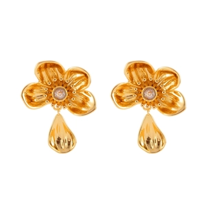 Elegant gold flower stud earrings with hanging teardrop pendants and zircon inlay