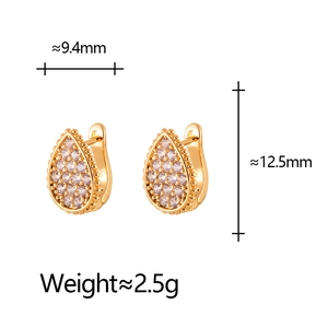 Minimalist gold teardrop hoop earrings with pave cubic zirconia on white background