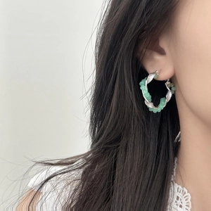 Green crystal bead twisted silver hoop earrings for women in minimalist summer design