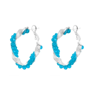 Twisted silver hoop earrings with sky blue crystal beads for a minimalist summer style