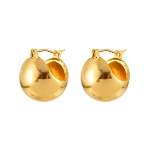 Polished gold hollow hoop earrings with minimalist chunky round ball design for women