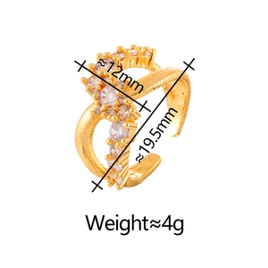 Detail showing dimensions of the cross X-shaped gold ring with cubic zirconia stones