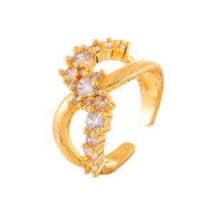 Elegant gold cross ring with spiral texture and sparkling zircon stones for women