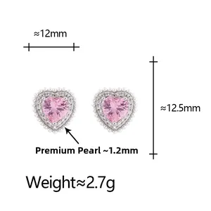 Detailed view of pink heart stud earrings showing 12mm size and 1.2mm pearl accents