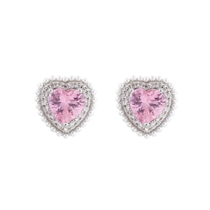 Pink heart zircon earrings with pearl halo and crystal accents in silver finish