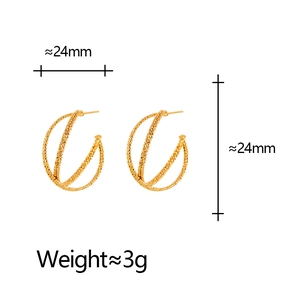 Golden geometric multilayer textured stud earrings with 24mm diameter and 3g weight