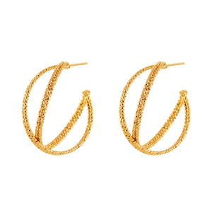 Elegant gold geometric crossover stud earrings with detailed grainy texture on white background