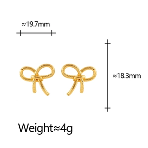 Elegant gold bow earrings with woven texture and dimensions shown on white background