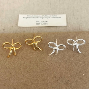 Bowknot Stud Earrings Copper With Twisted Rope Texture 18K Gold Plated Retro Elegant Minimalist Jewelry For Women