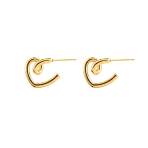 Elegant gold heart-shaped stud earrings with twisted metal texture on white background