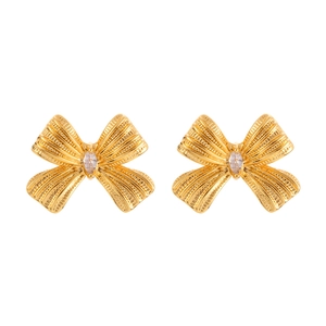 Elegant gold bow earrings with textured surface and marquise-cut cubic zirconia stones