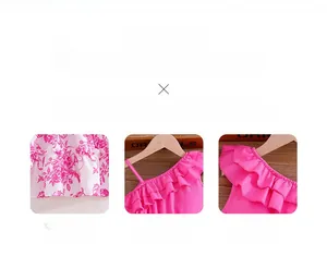 Detail of girls floral pink dress showing ruffle trim, premium fabric, and print texture