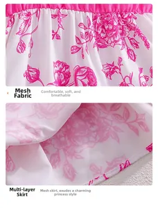 Detail of girls white mesh dress with pink floral prints and layered tulle skirt design