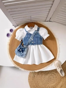Girls white puff sleeve shirt dress with blue denim vest and bow bag set