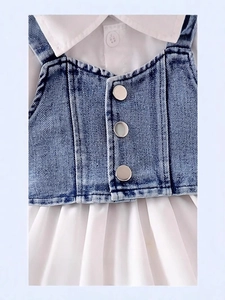 Girls summer set with puff sleeve shirt dress and washed denim vest with silver buttons