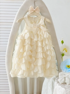 Mädchen Ärmellos Prinzessinnenkleid Mit 3D Blütenblättern Und Schleife Beige Elegant Tüll Party Hochzeit Kleid Für Kinder