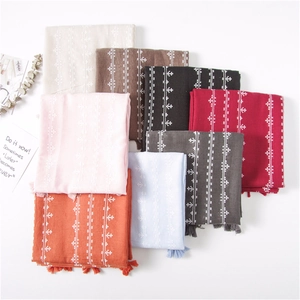 Floral cotton linen scarf collection with tassels and white cross-stitch embroidery details