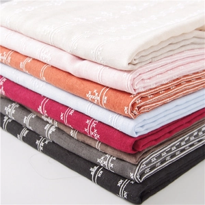 Floral cotton linen scarf with colorful cross-stitch embroidery for sun protection
