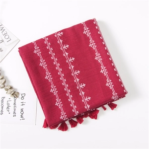 Floral print cotton linen red scarf with tassels and geometric cross-stitch patterns