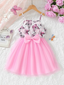 Girls Summer Suspender Butterfly Print Dress With Large Bow Mesh Tutu Princess Dress For Kids Toddler Pink