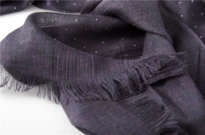 Close-up of deep purple linen shawl with silver glitter details and fringe edges