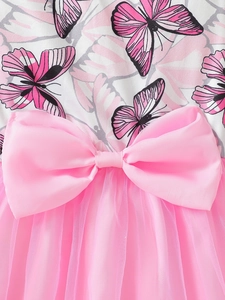 Pink girl princess dress with butterfly print and large satin bow decoration