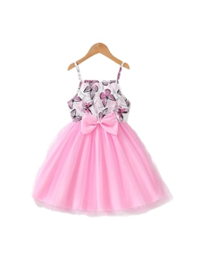 Pink tulle tutu dress for girls with butterfly print bodice and large waist bow