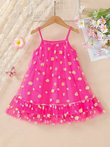 Girls daisy print tulle dress in pink with spaghetti straps and ruffled hemline