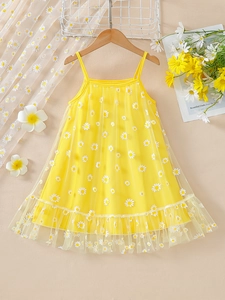 Yellow girl's daisy mesh tutu dress with spaghetti straps and floral summer design