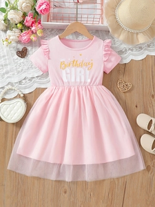 Pink Toddler Girls Birthday Girl Letter Print Princess Dress With Mesh Tulle Skirt Flutter Short Sleeve Summer Party Dress