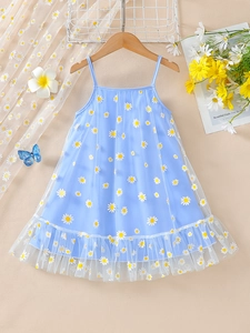 Light blue daisy print tulle princess dress for girls with layered ruffle hem details