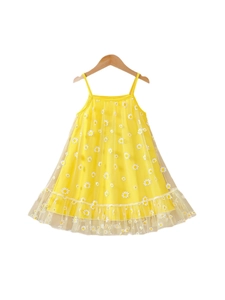 Yellow girls daisy princess dress with mesh overlay and ruffle hem for summer