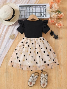 Girls' summer dress with black ribbed top, star print mesh skirt and elegant flutter sleeves